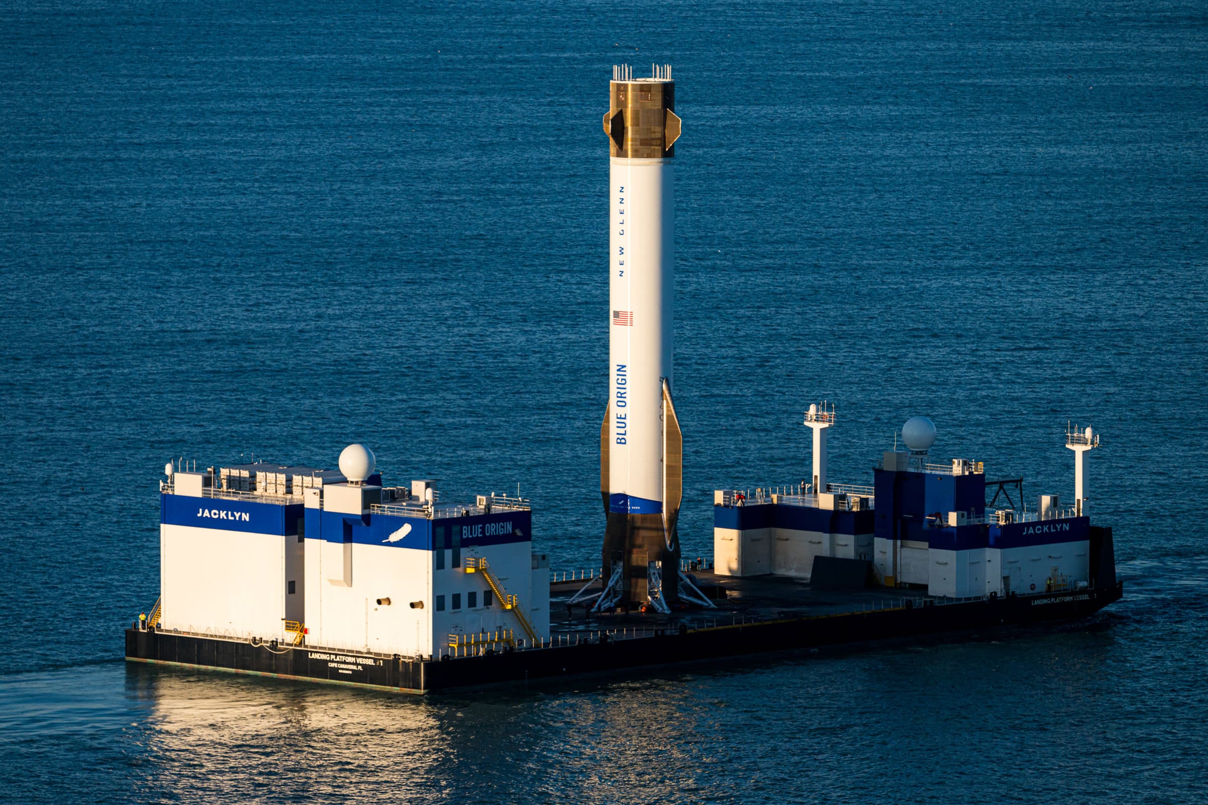 Recovered New Glenn first stage secured on the recovery vessel