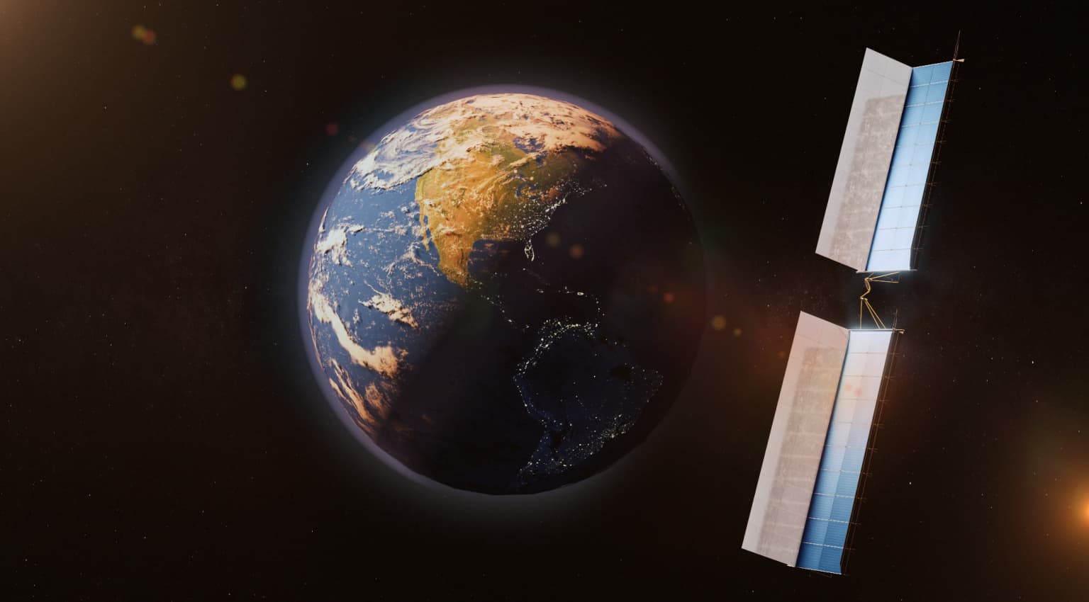 Rendering of orbital solar power and space infrastructure