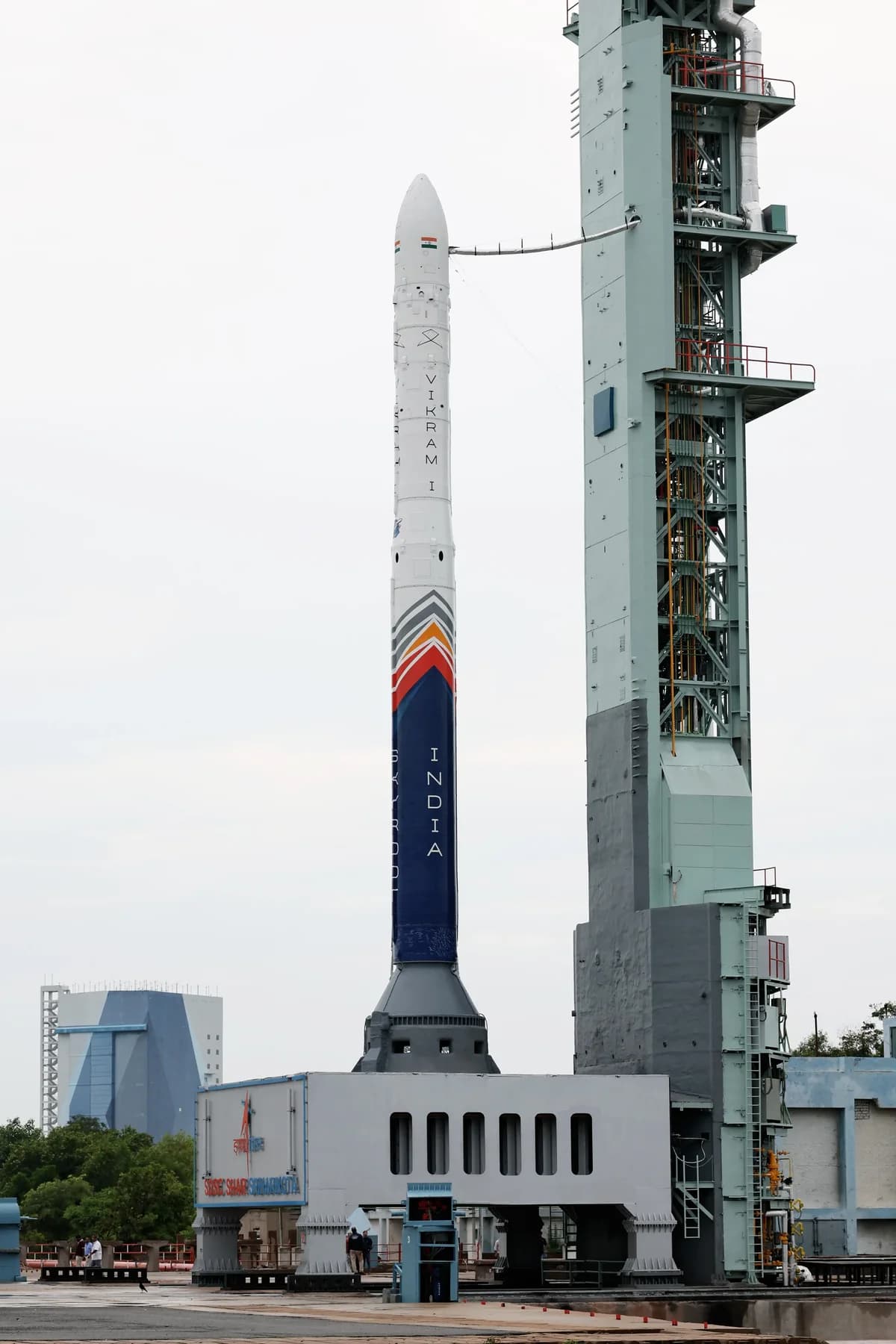 Skyroot Aerospace Vikram-1 standing on the launch pad at Satish Dhawan Space Centre before India's first private orbital launch