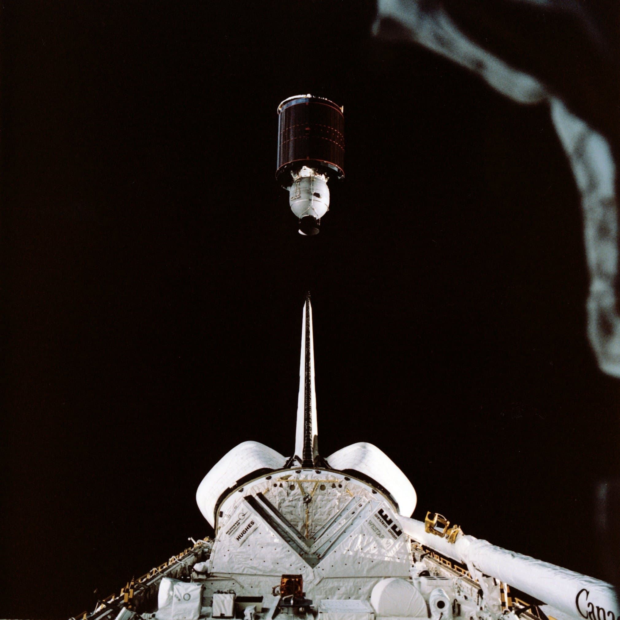 NASA deployment of Palapa B2 satellite from Space Shuttle Challenger, 1984